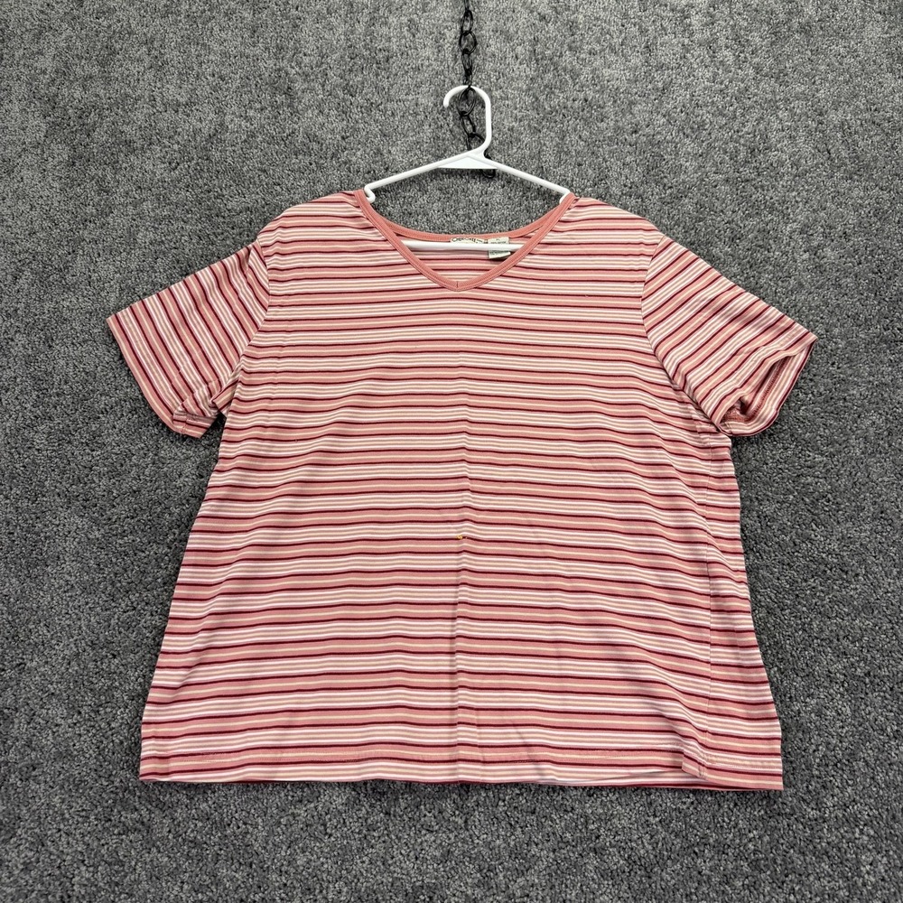 Cherokee Shirt Womens XL Pink Striped Short Sleeve V Neck Cotton Casual Tee